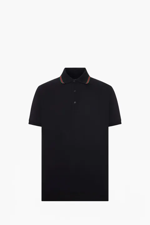 GUCCI Men Web On Collar Polo Shirt in Black Cotton Pique