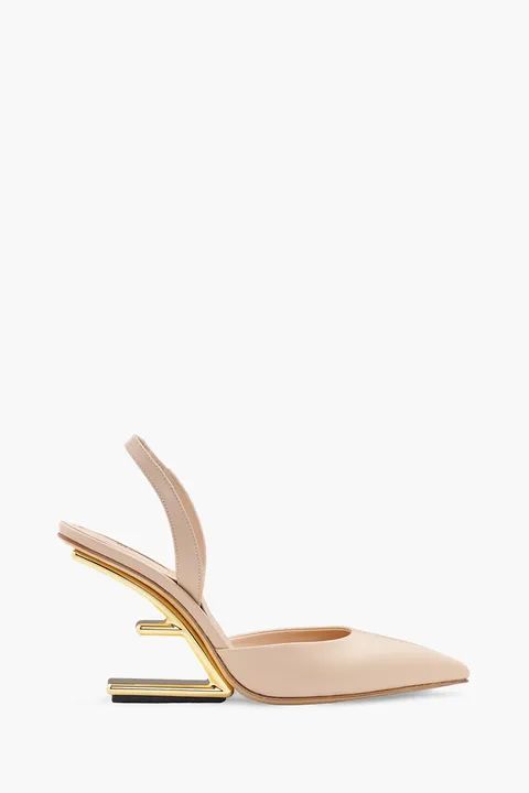 FENDI Women First Slingback Pumps 95mm in Pale Pink Leather with Diagonal F-Shaped Heels