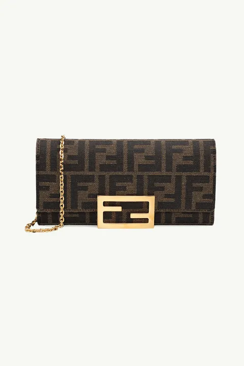 FENDI Baguette Continental Wallet on Chain in Brown Fabric with FF Logo Pattern