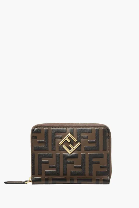 FENDI Medium FF Diamond Zip Around Wallet Bicolor in Brown Leather