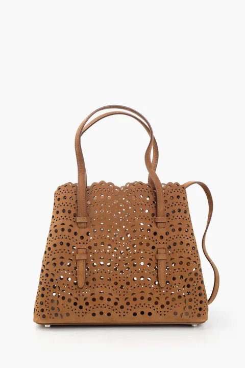 ALAIA Mina 25 Lasered Handbag in Terracotta Brown Suede with Inner Pouch