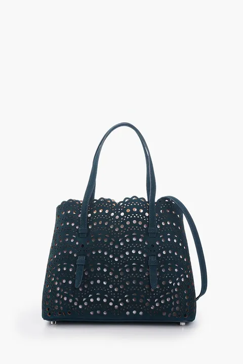 ALAIA Mina 25 Lasered Handbag in Peacock Blue Suede with Inner Pouch