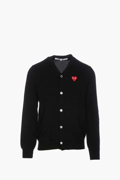COMME DES GARCONS Men Play Logo Patch V Neck Cardigan in Black Wool