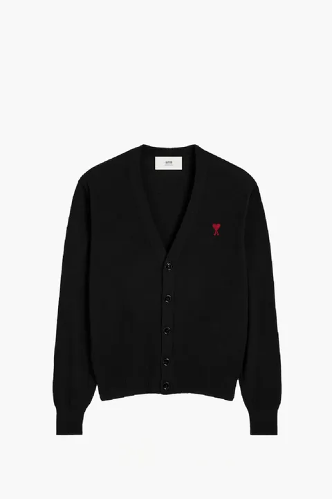 AMI Red Ami De Coeur Cardigan in Black Classic Merino Wool