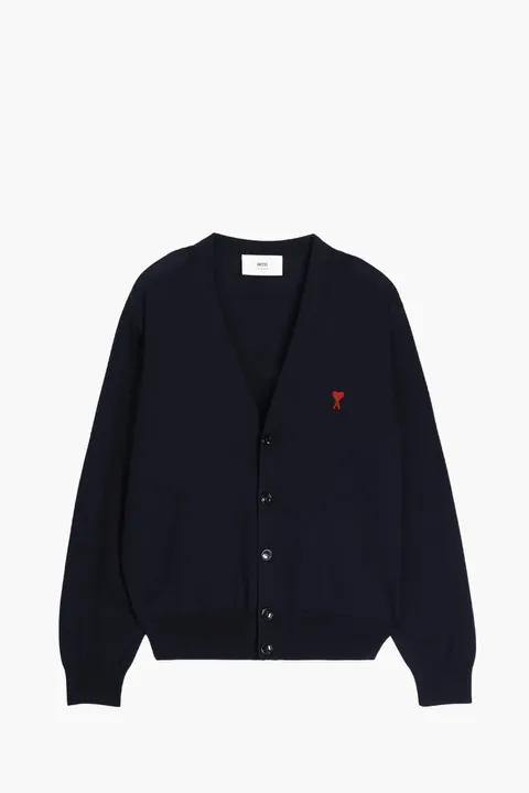 AMI Red Ami De Coeur Cardigan in Night Blue Classic Merino Wool