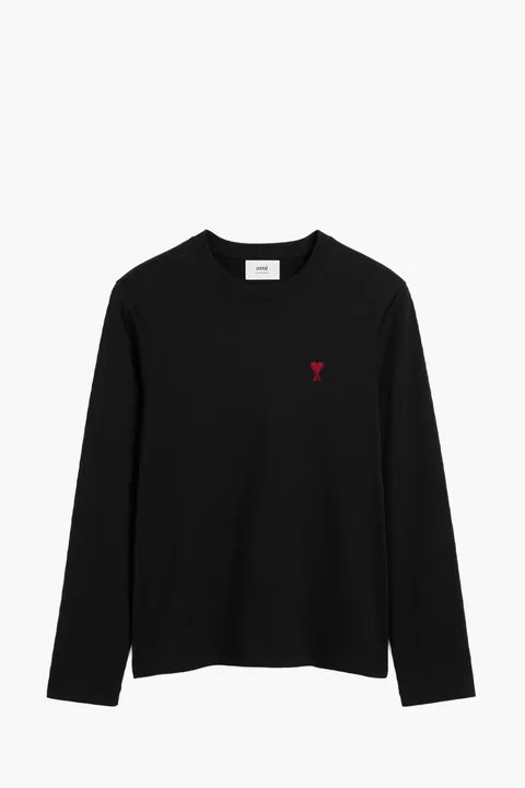 AMI Red De Cœur Long-Sleeve T-Shirt in Black Cotton