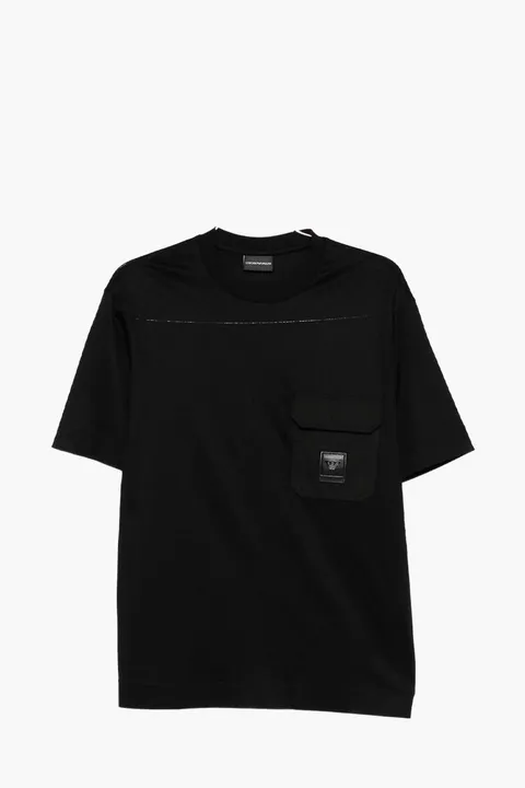 EMPORIO ARMANI Men Embossed Logo on Pocket Regular T-Shirt in Black Cotton