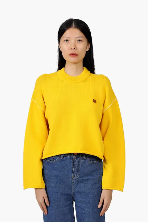 KENZO Women Tiger Crest Jumper in Golden Yellow with Contrasting Seams