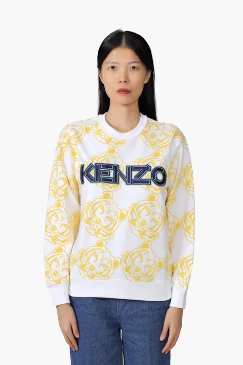 KENZO Women All-Over K-Tiger Monogram Sweatshirt in White/Yellow with 3D Logo