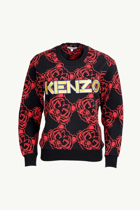 KENZO Women All-Over K-Tiger Monogram Sweatshirt in Black/Red with 3D Logo