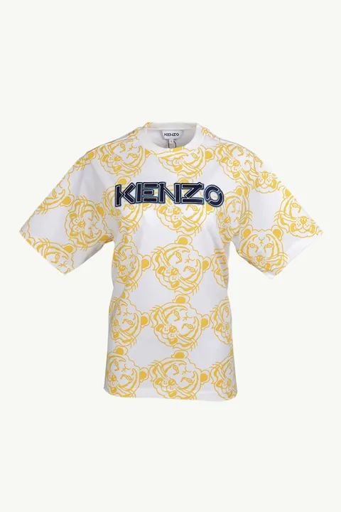 KENZO Women All-Over K-Tiger Monogram Loose Fit T-Shirt in White/Yellow with 3D Logo