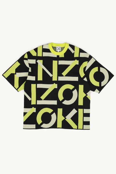 KENZO Men Monogram All Over Maxi Logo Oversized T-Shirt in Black/Yellow