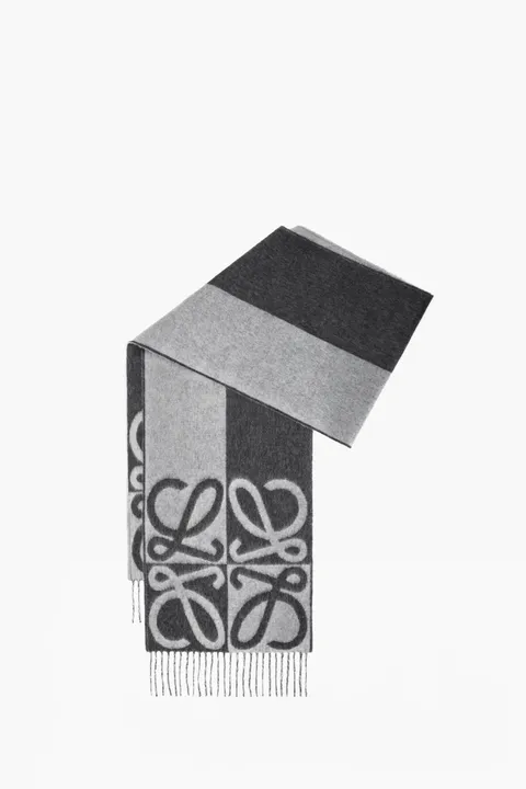 LOEWE Anagram Two-Tone Jacquard Scarf in Dark Grey/Light Grey Wool and Cashmere