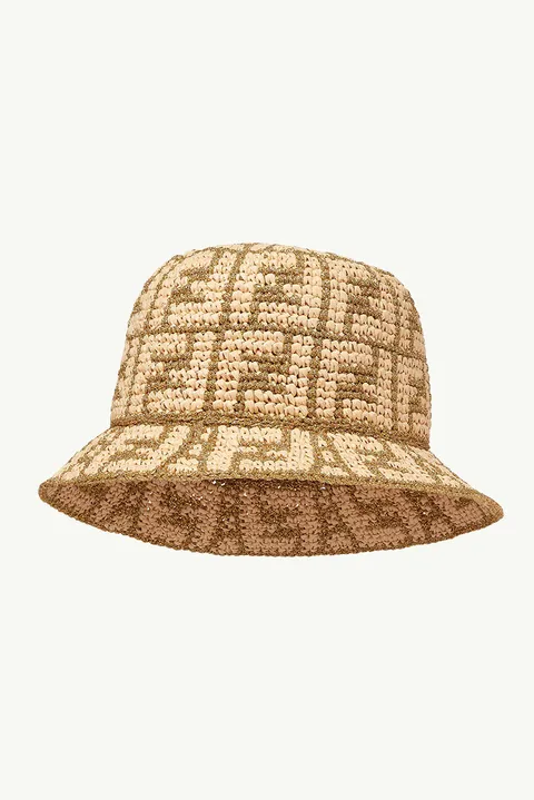 FENDI All Over FF Logo Bucket Hat in Natural/Gold Raffia