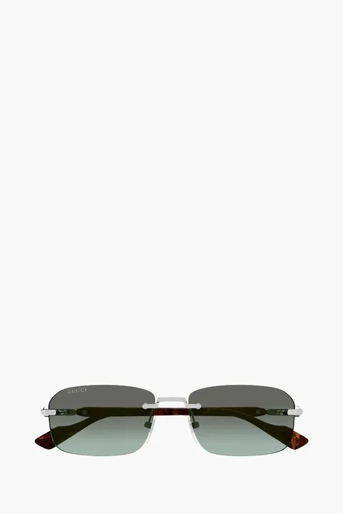 GUCCI Women Geometric Rimless Style Sunglasses in Shiny Silver/Double Gradient Brown Blue Metal Acetate