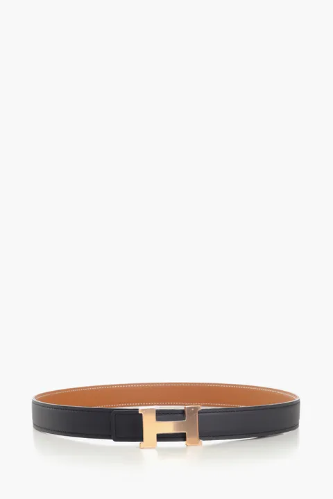 HERMÈS Reversible Mini H Buckle Belt 24mm in Black/Gold Epsom Calfskin RGHW