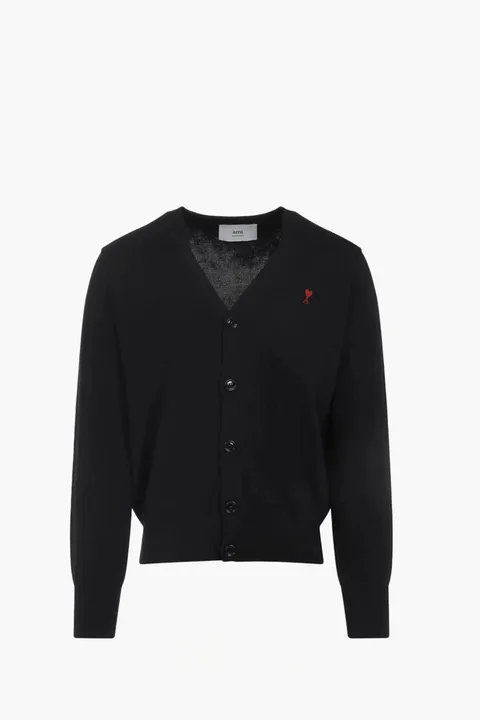 AMI De Coeur Cardigan in Black/Red Merino Wool Knit