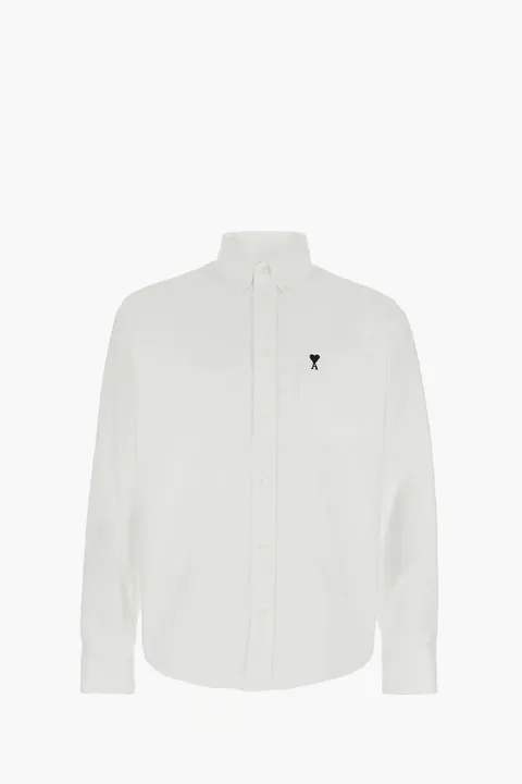 AMI Men Ami De Coeur Boxy Long Sleeves Button Shirt in Natural White/Black Oxford Cotton