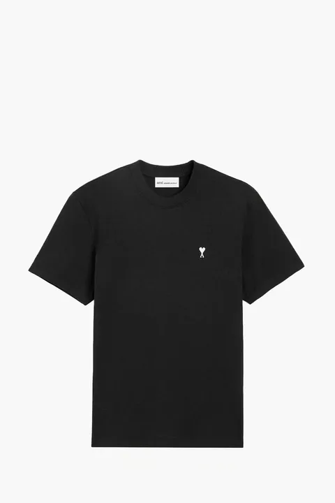AMI Men Embroidered Black Ami De Coeur T-Shirt in Black/White Cream Cotton