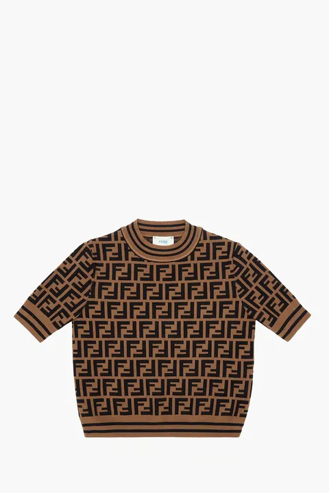 FENDI Kids Short Sleeved All Over Logo Knit Sweater in Brown/Black Viscose