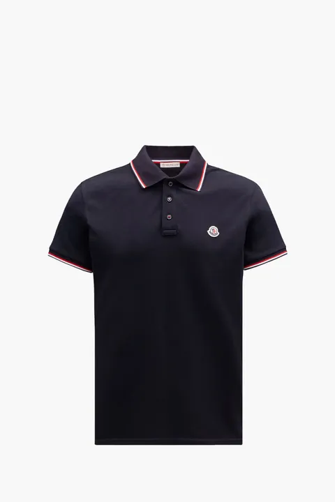 MONCLER Men Tricolor-Trimmed Polo Shirt in Dark Blue Cotton Piquet