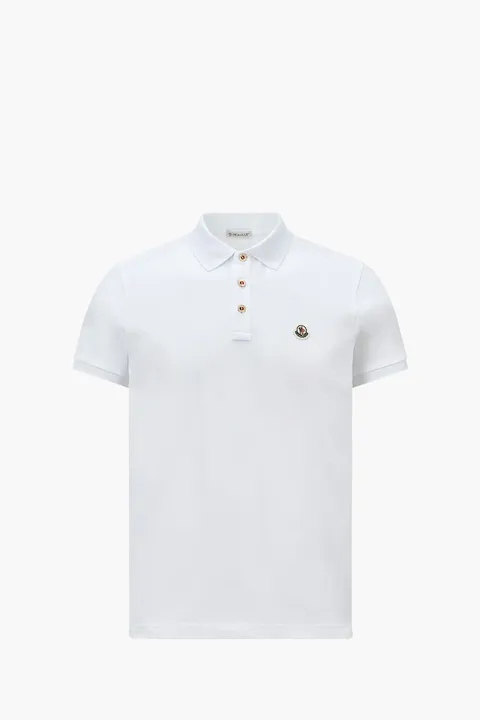 MONCLER Men Logo Patch Polo Shirt in White Cotton Piquet