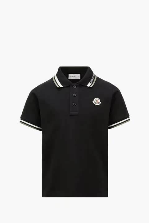 MONCLER Enfant Kid Tricolour-Trimmed Logo Polo Shirt in Black Cotton Piquet
