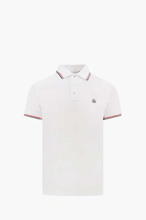 MONCLER Men Tricolor-Trimmed Polo Shirt in White Cotton Piquet