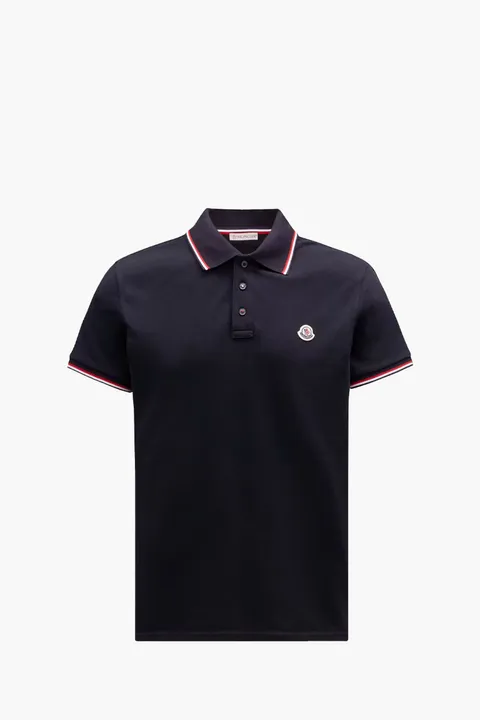 MONCLER Men Tricolor-Trimmed Polo Shirt in Dark Blue Cotton Piquet