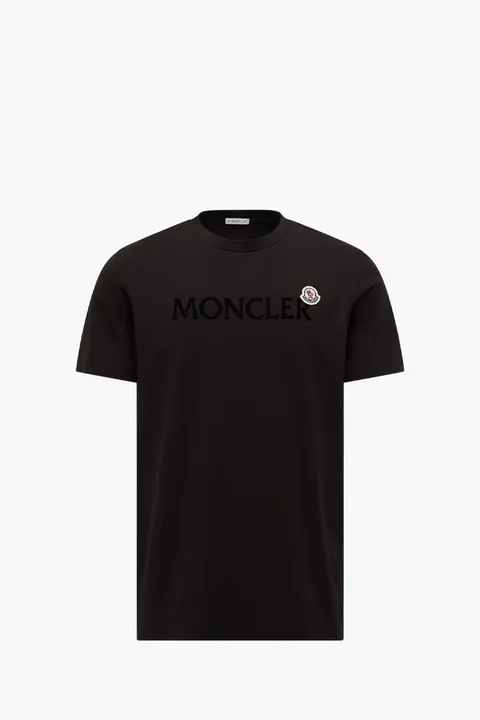 MONCLER Men Flocked Logo T-Shirt in Black Cotton