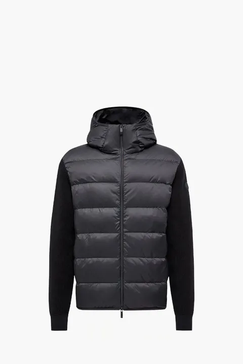 MONCLER Men Padded Cotton Zip-Up Jacket in Black Nylon and Cotton with Hoodie