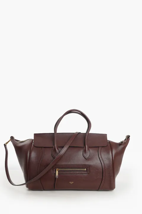 CELINE Medium Luggage Handbag in Dark Brown Soft Shiny Lambskin