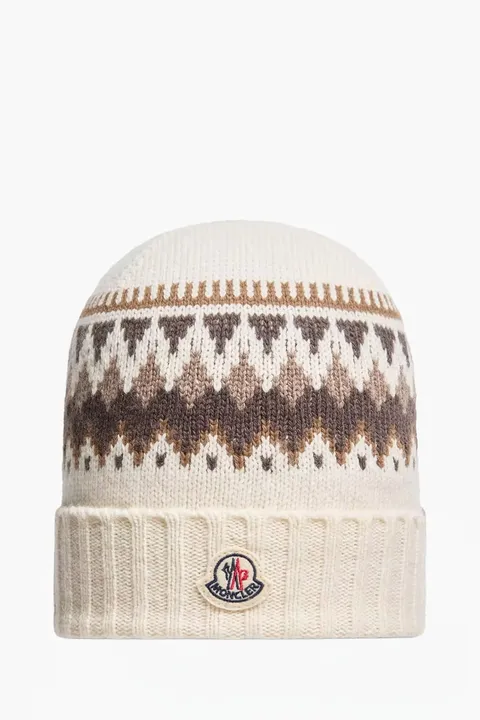 MONCLER Enfant Jacquard Knit Beanie in White Wool