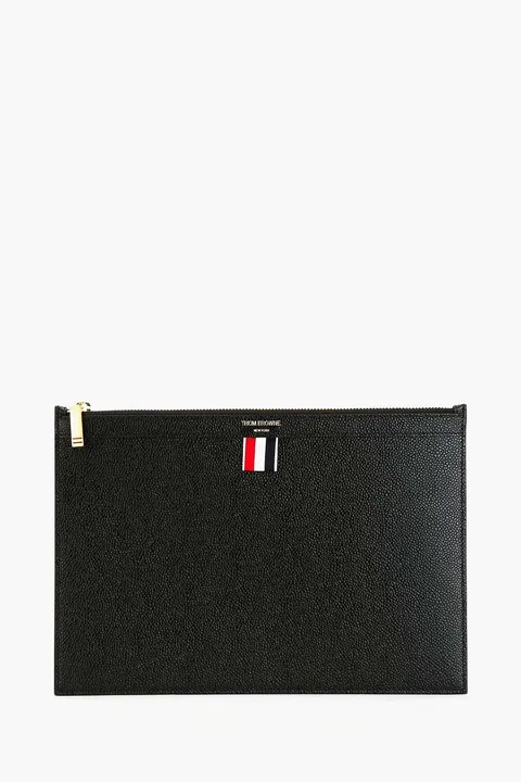 THOM BROWNE Small Document Holder in Black Pebble Grain Leather