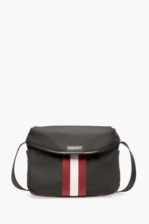 BALLY Code Crossbody Bag in Black Nylon with Stripe