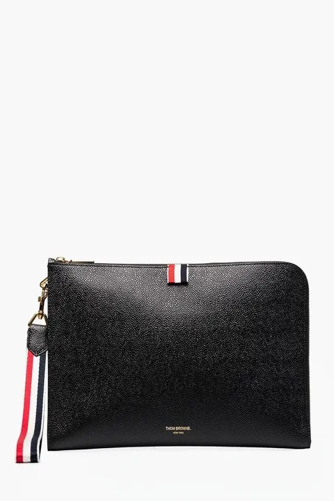 THOM BROWNE Medium RWB Strap Gusset Folio Bag in Black Pebble Grain Leather