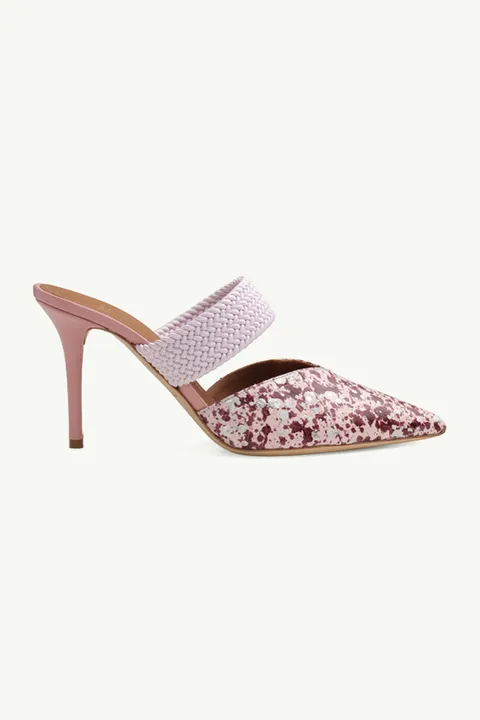 MALONE SOULIERS Maisie Heeled Mules 85mm in Rose/Pink Multicolor Embossed Leather with Tonal Trim
