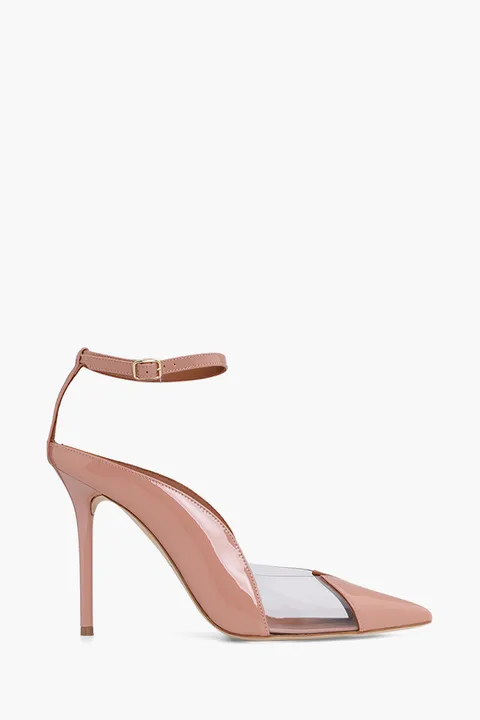 MALONE SOULIERS Malia Ankle Strap Pumps 100mm in Nude/Clear PVC x Patent