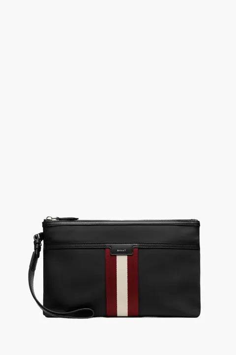 BALLY Code Ribbon Pouch in Black Nylon with Wristlet
