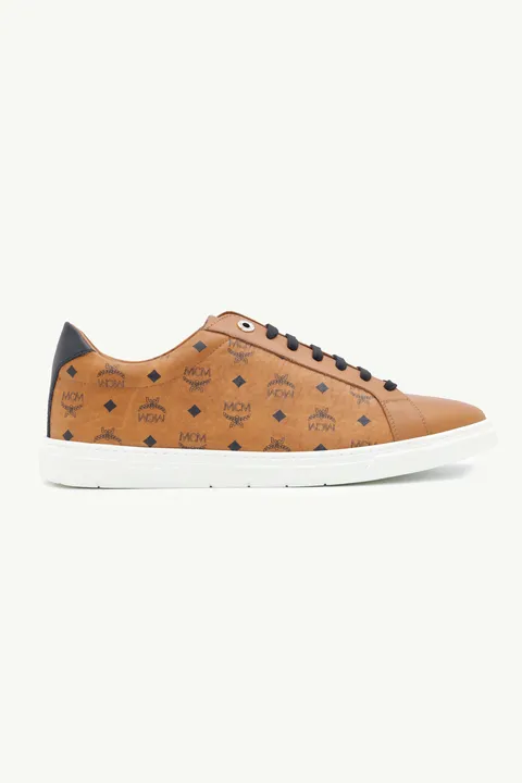 MCM Men Terrain Logo Embossed Low Sneakers in Cognac Visetos
