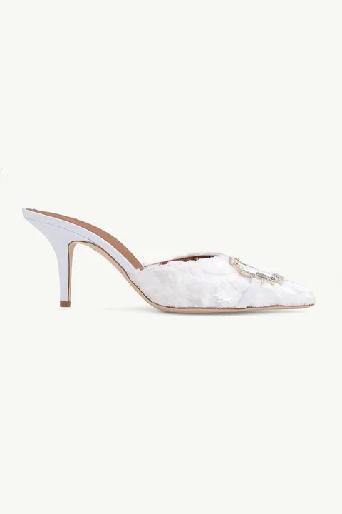 MALONE SOULIERS Missy Stiletto Mules 70mm in White/White Denim Flocked Satin