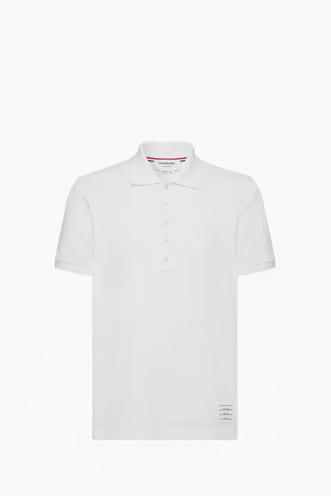 THOM BROWNE Men 4-Bar Classic Pique Polo Shirt in White Cotton