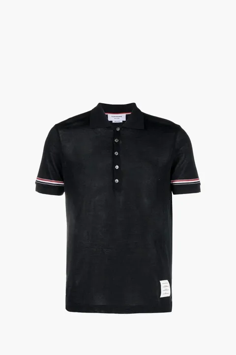 THOM BROWNE Men Knit RWB Stripe Polo Shirt in Navy Lightweight Cotton