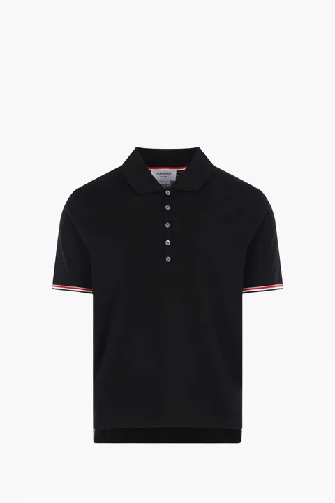 THOM BROWNE Men RWB Striped Rib Cuff Polo Shirt in Black Wool Jersey