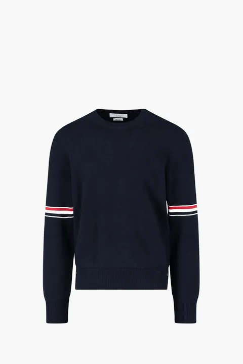 THOM BROWNE Men Tricolour Detail Sweater in Navy Cotton