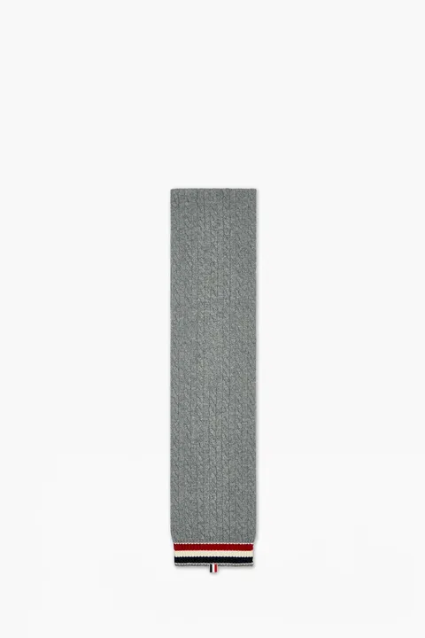 THOM BROWNE Cable and Rib Knit Scarf in Light Grey Merino Wool with RWB Stripe