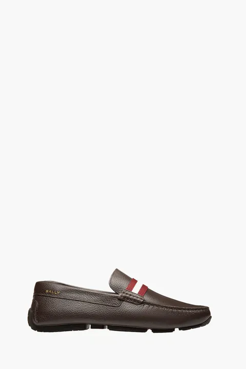 BALLY Men Perthy Pilot Driver Loafers in Brown/Red/White Grained Bovine Leather with Ribbon