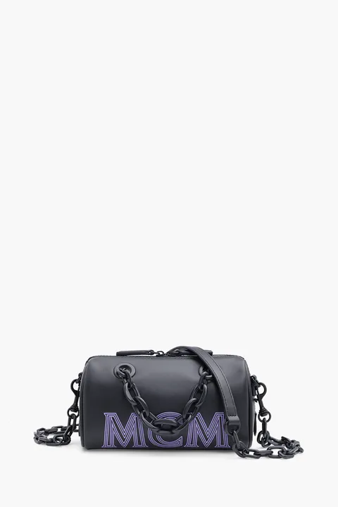 MCM Mini Boston Chain Shoulder Bag in Black with Embossed Logo