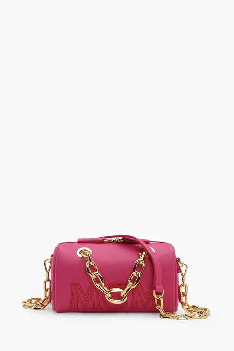 MCM Mini Boston Chain Shoulder Bag in Beetroot Purple with Embossed Logo