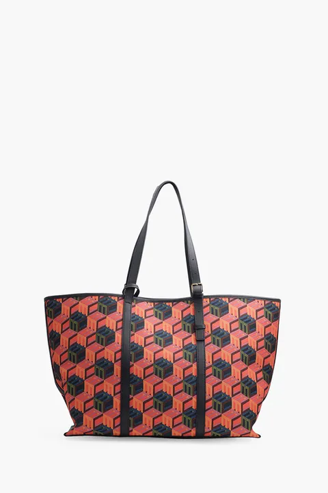 MCM Medium Cubic Monogram Shopper Tote Bag in Black Multicolor with Pouch